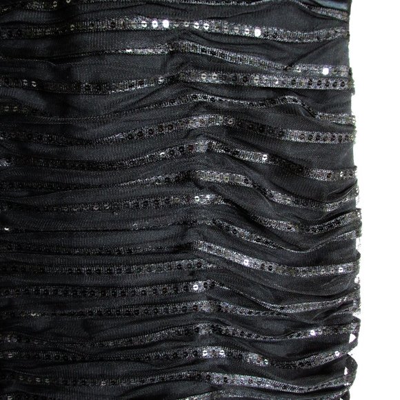Kay Unger Black Sequin Tulle Skirt Rusched Silk Midriff 3/4 Sleeve Dress No Size - Picture 2 of 13